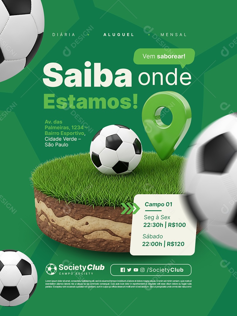 Aluguel de Campo Society Saiba Onde Estamos Social Media PSD Editável