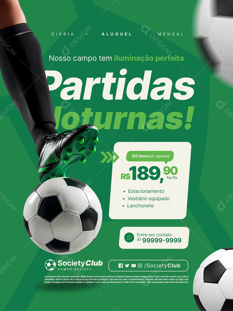 Aluguel de Campo Society Nosso Campo Tem Iluminação Perfeita Social Media PSD Editável