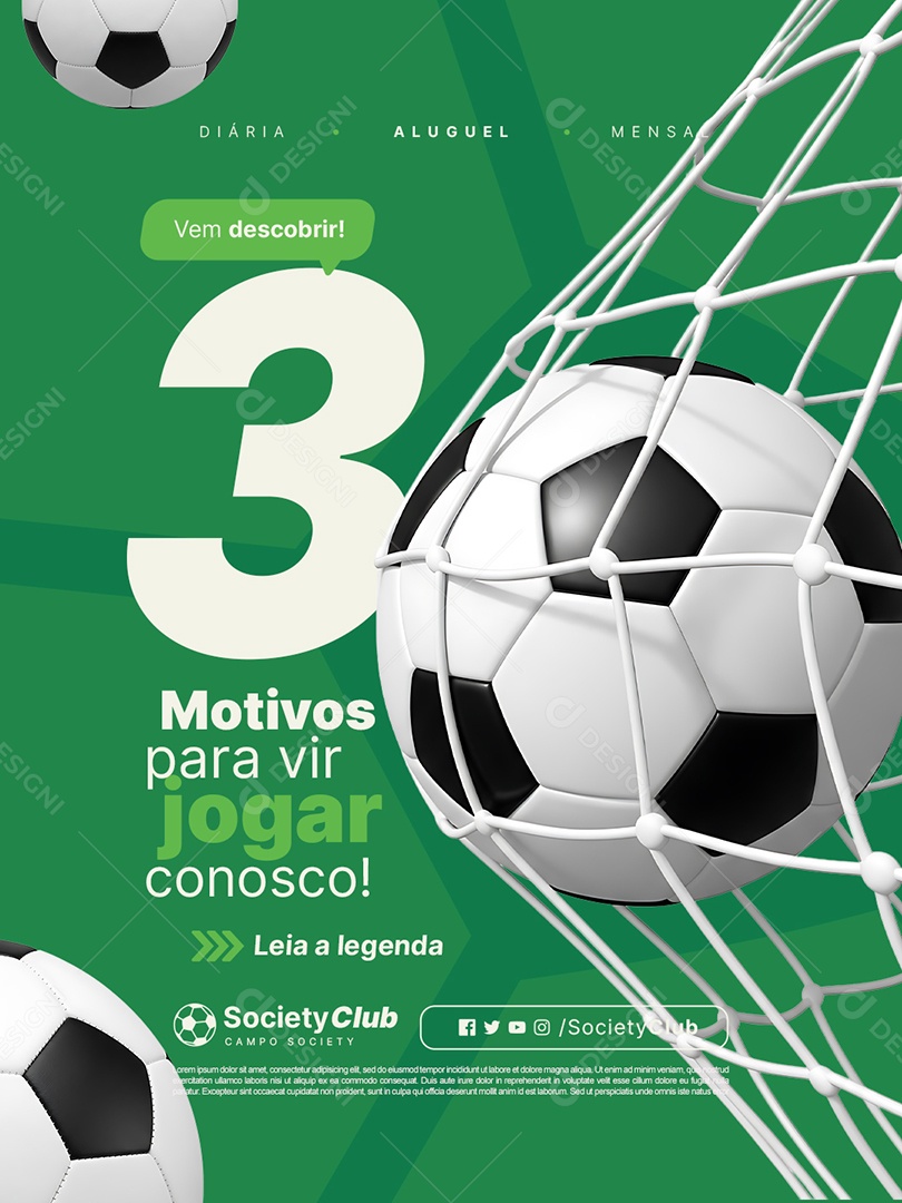 Aluguel de Campo Society Três Motivos para Vir Jogar Conosco Social Media PSD Editável