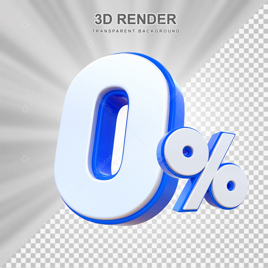 Elemento 3D Número 0% Branco e Azul Para Composição PSD