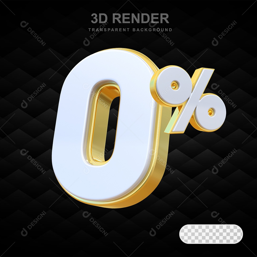 Elemento 3D Número 0% Branco e Dourado Para Composição PSD