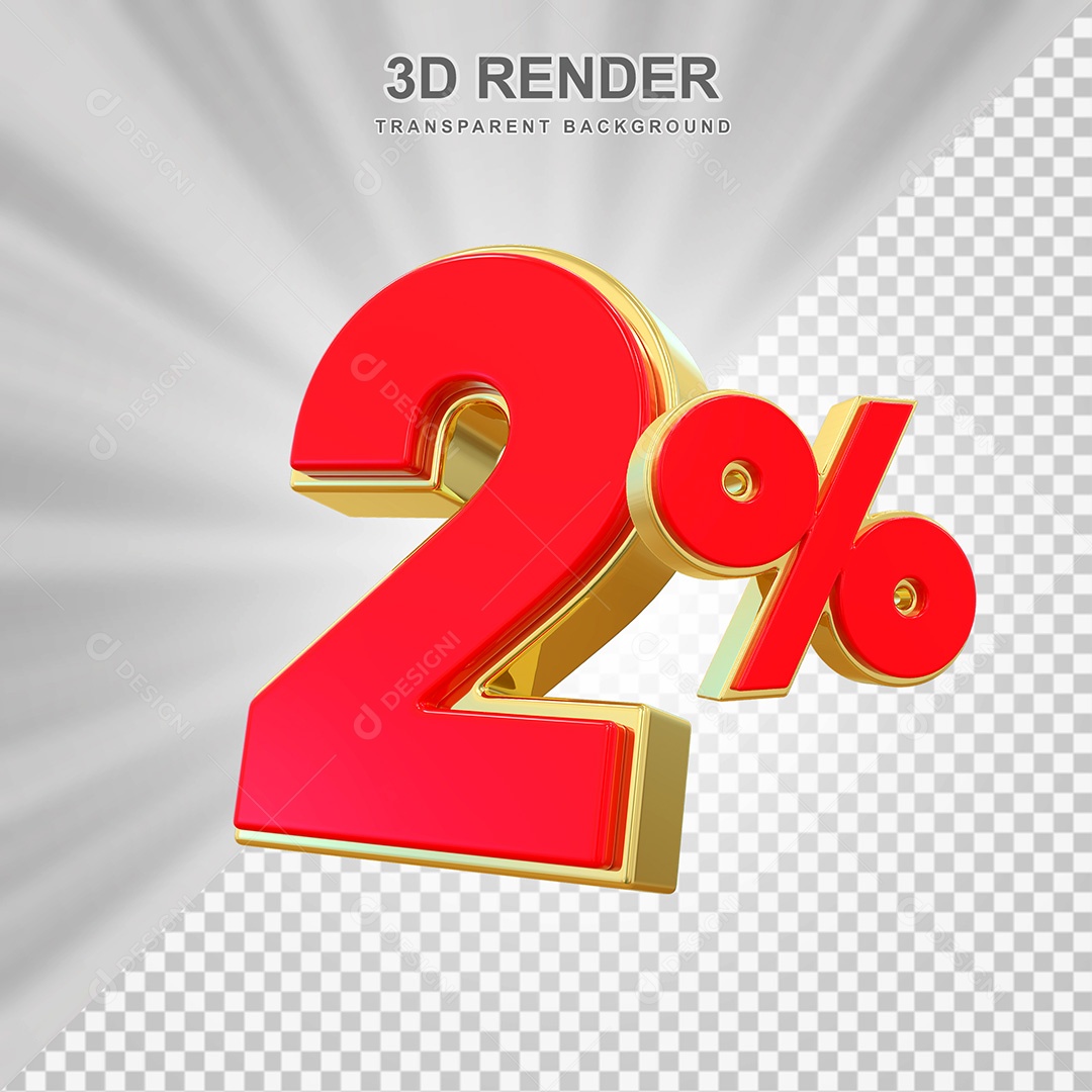 Elemento 3D Número 2% Vermelho e Dourado Para Composição PSD
