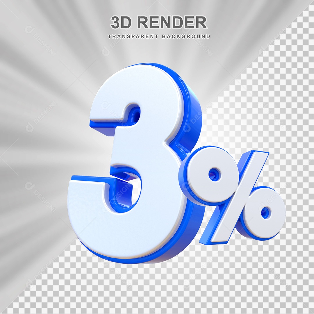 Elemento 3D Número 3% Branco e Azul Para Composição PSD