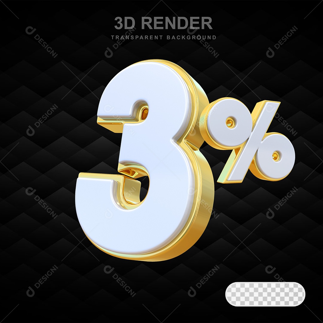 Elemento 3D Número 3% Branco e Dourado Para Composição PSD