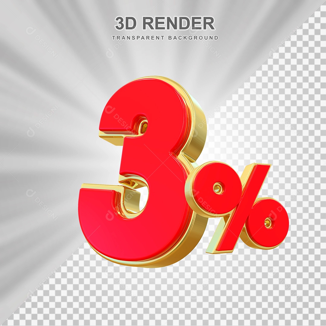 Elemento 3D Número 3% Vermelho e Dourado Para Composição PSD