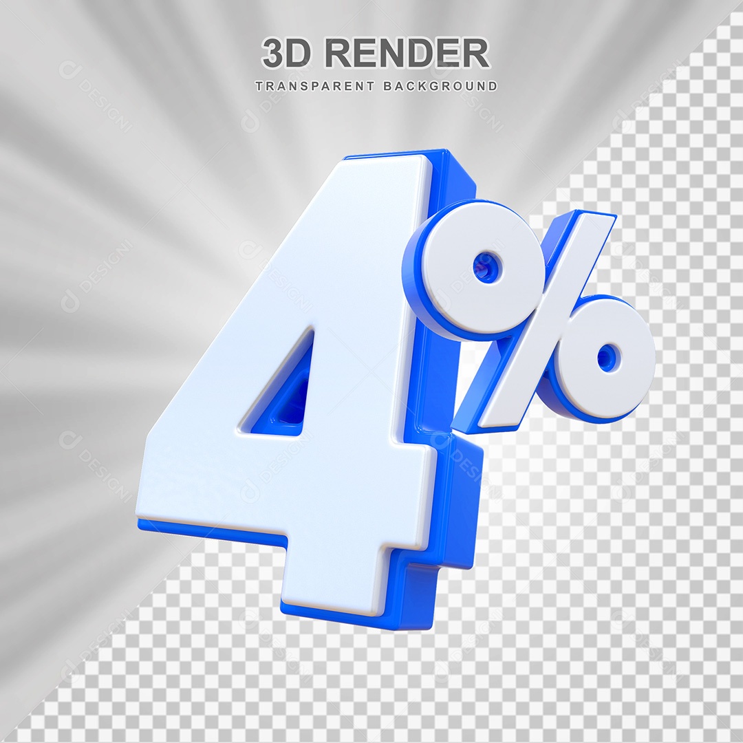 Elemento 3D Número 4% Branco e Azul Para Composição PSD