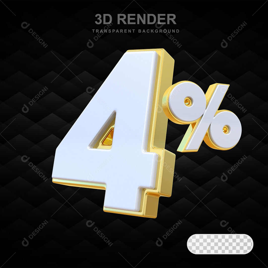 Elemento 3D Número 4% Branco e Dourado Para Composição PSD