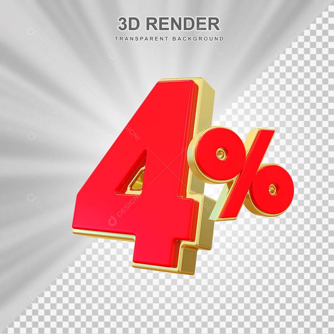 Elemento 3D Número 4% Vermelho e Dourado Para Composição PSD