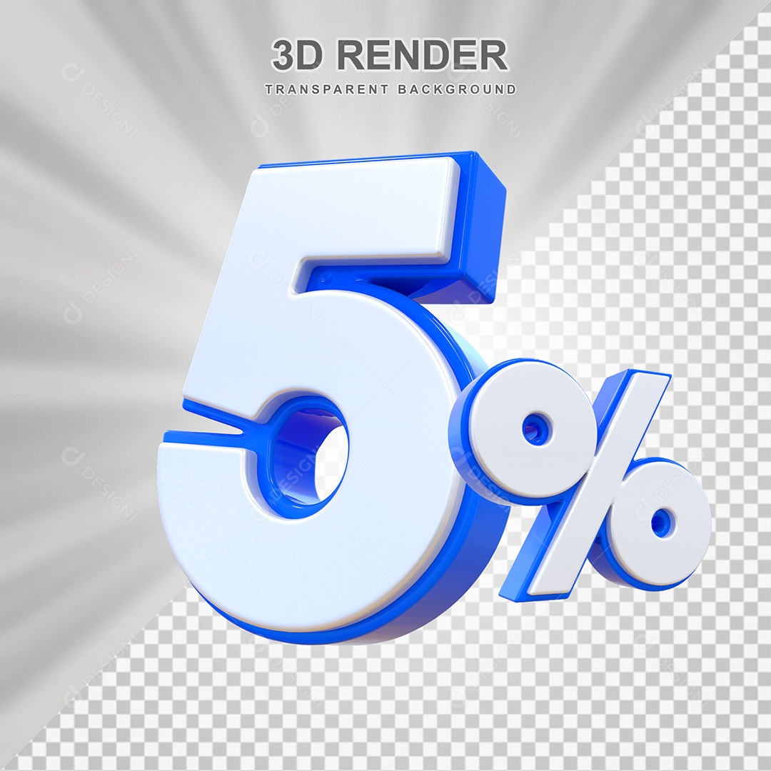 Elemento 3D Número 5% Branco e Azul Para Composição PSD
