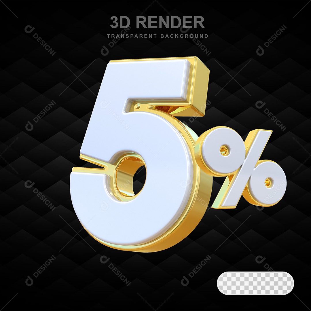 Elemento 3D Número 5% Branco e Dourado Para Composição PSD