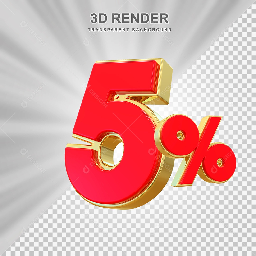 Elemento 3D Número 5% Vermelho e Dourado Para Composição PSD