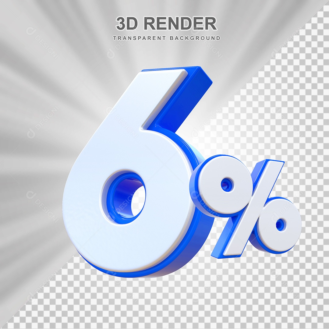 Elemento 3D Número 6% Branco e Azul Para Composição PSD