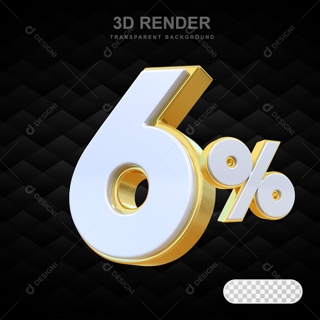 Elemento 3D Número 6% Branco e Dourado Para Composição PSD