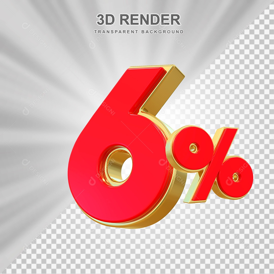 Elemento 3D Número 6% Vermelho e Dourado Para Composição PSD