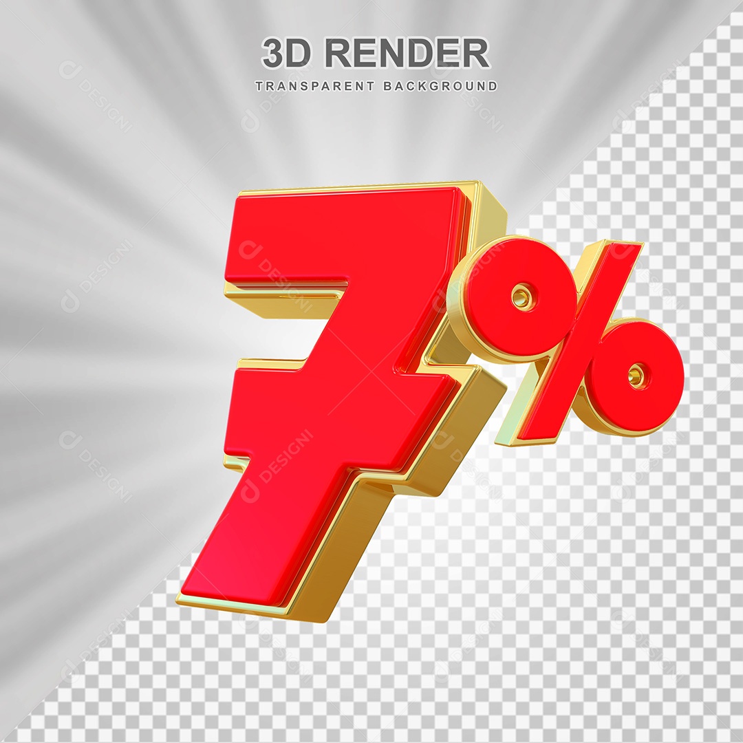 Elemento 3D Número 7% Vermelho e Dourado Para Composição PSD