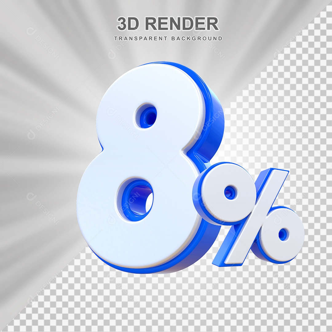 Elemento 3D Número 8% Branco e Azul Para Composição PSD