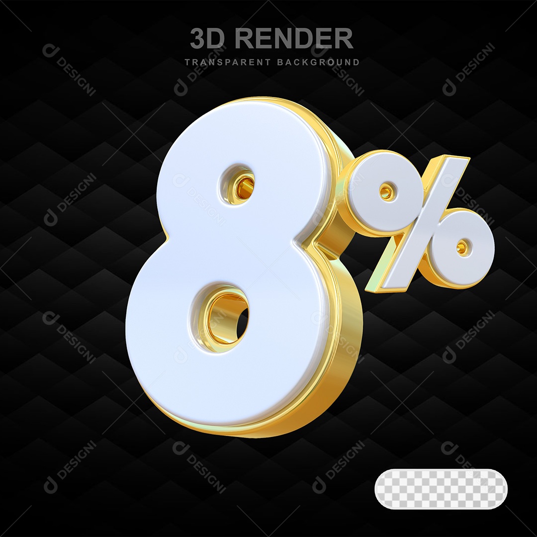 Elemento 3D Número 8% Branco e Dourado Para Composição PSD