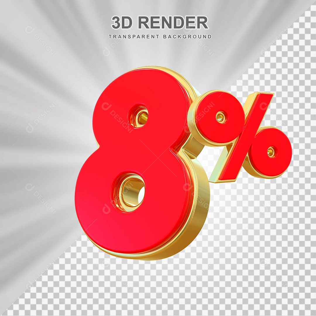 Elemento 3D Número 8% Vermelho e Dourado Para Composição PSD