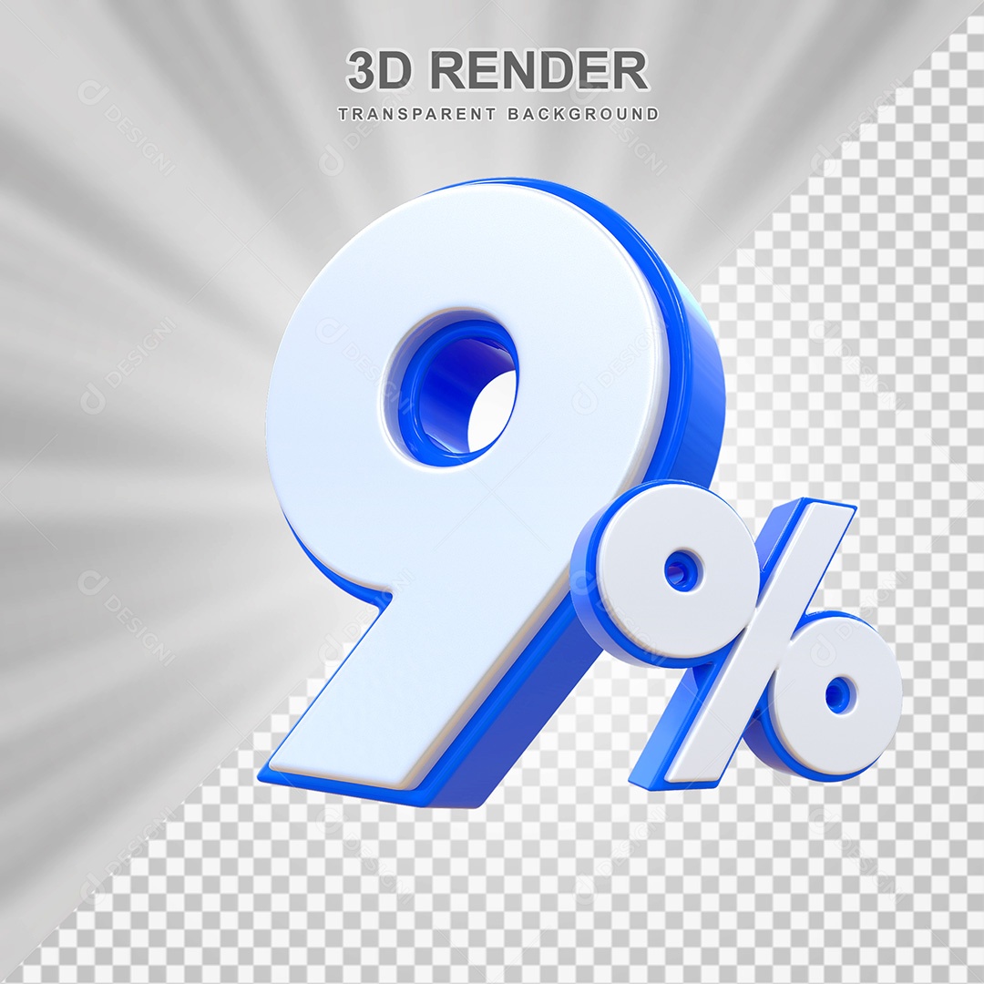 Elemento 3D Número 9% Branco e Azul Para Composição PSD
