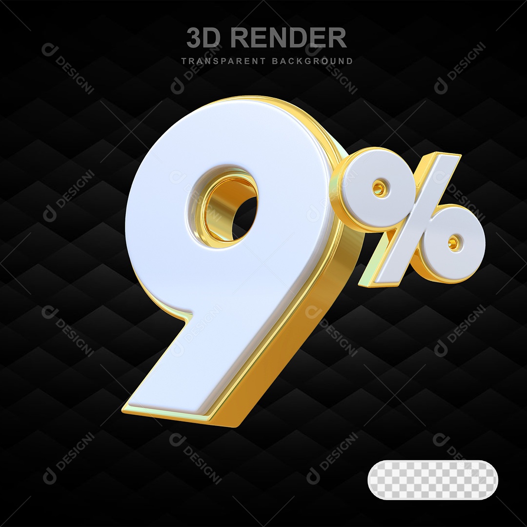 Elemento 3D Número 9% Branco e Dourado Para Composição PSD