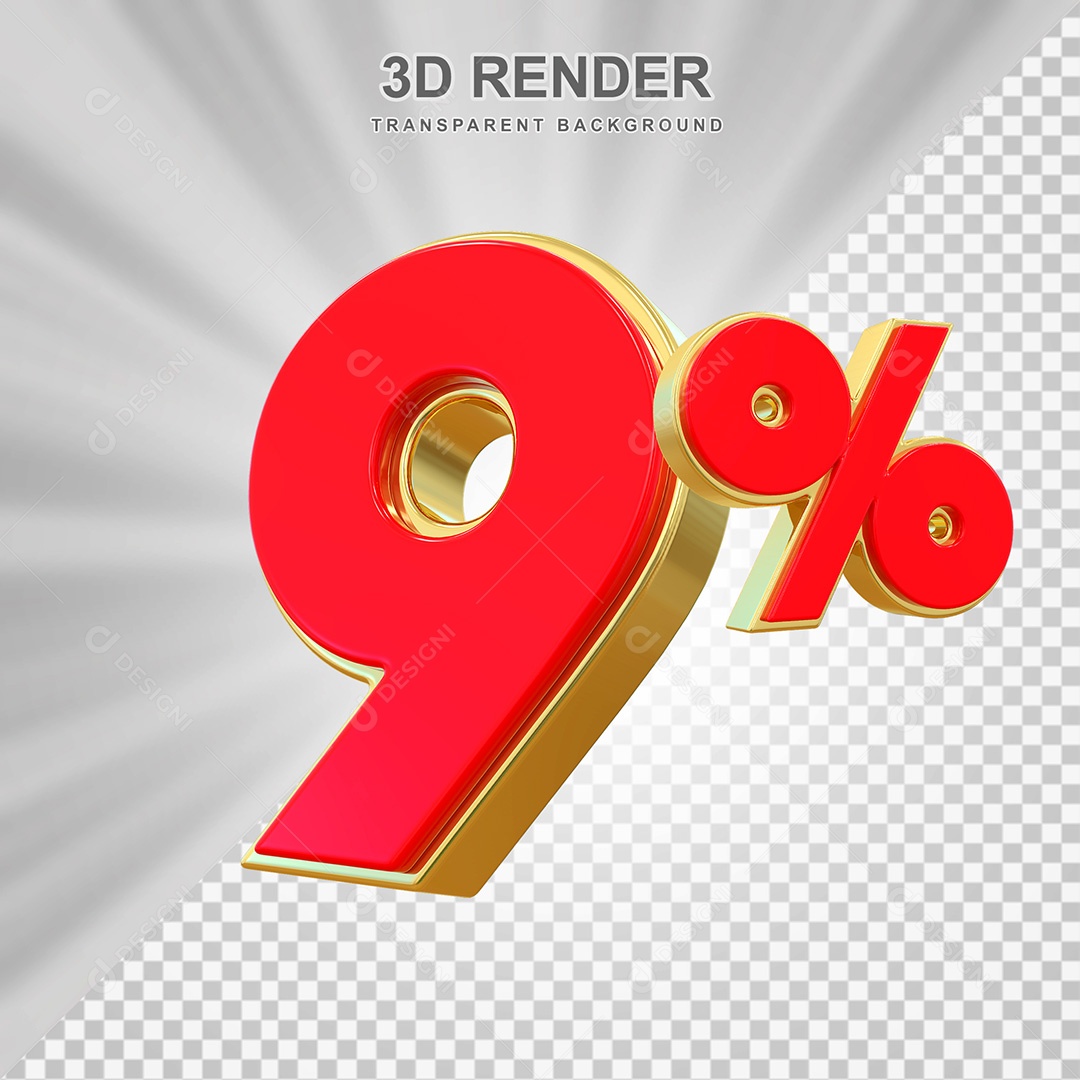 Elemento 3D Número 9% Vermelho e Dourado Para Composição PSD