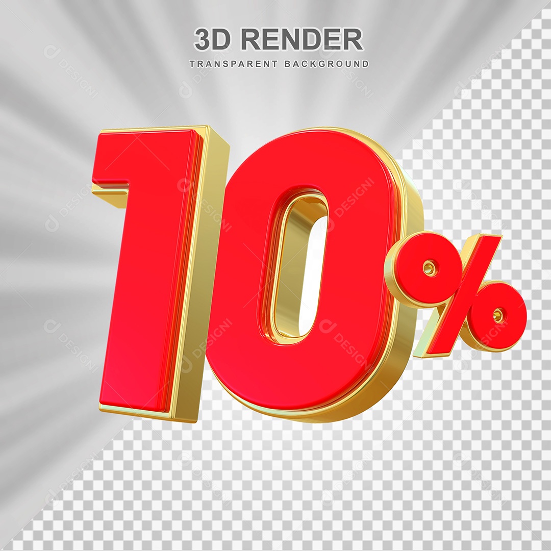 Elemento 3D Número 10% Vermelho e Dourado Para Composição PSD