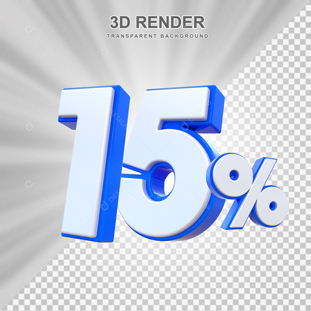 Elemento 3D Número 15% Branco e Azul Para Composição PSD