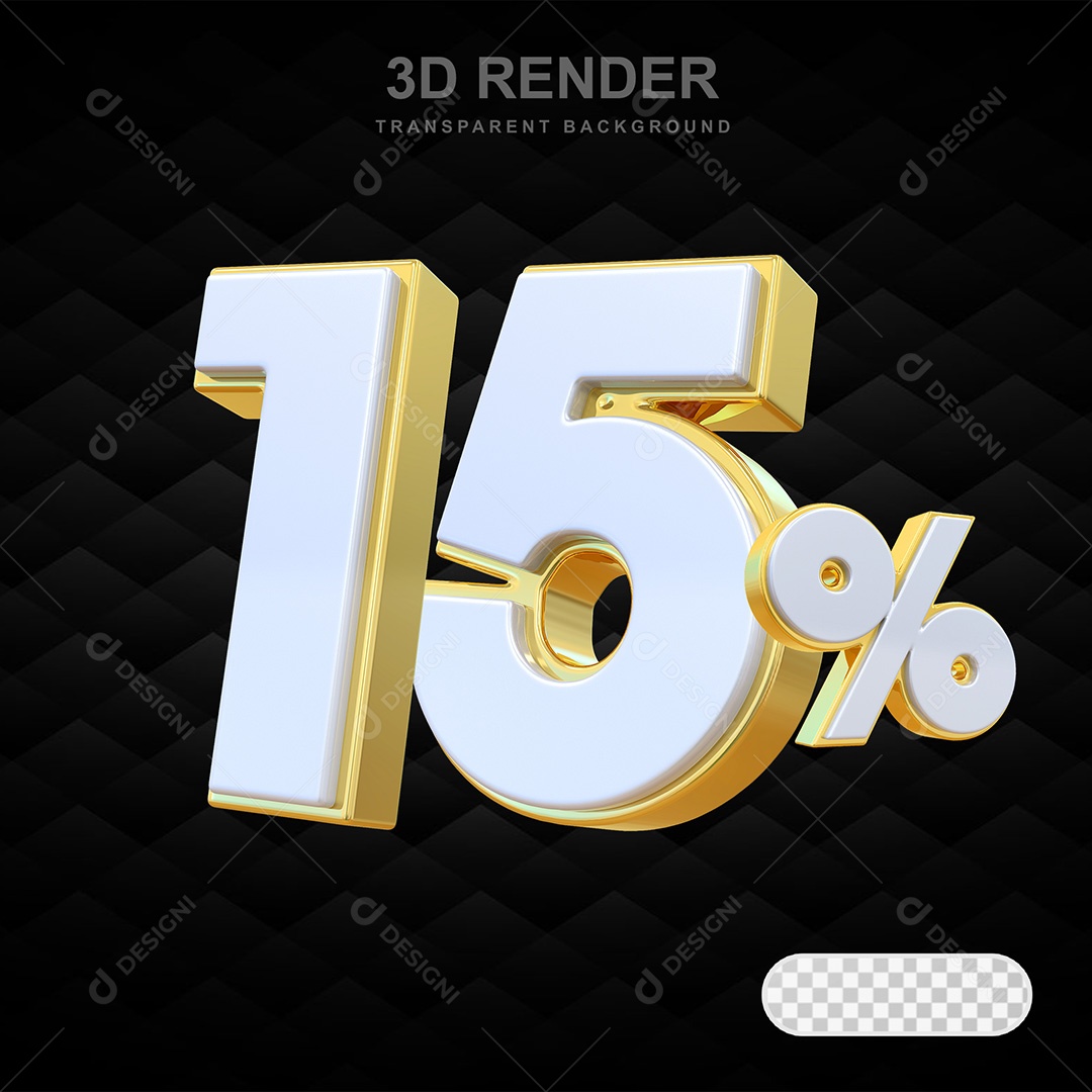 Elemento 3D Número 15% Branco e Dourado Para Composição PSD