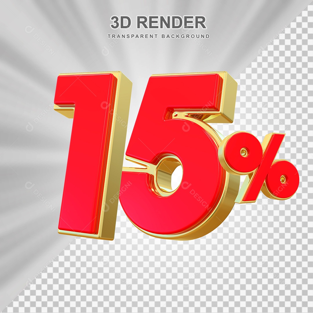 Elemento 3D Número 15% Vermelho e Dourado Para Composição PSD