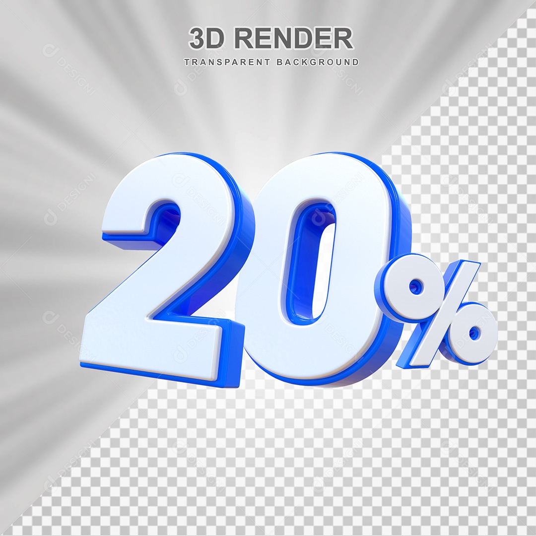 Elemento 3D Número 20% Branco e Azul Para Composição PSD