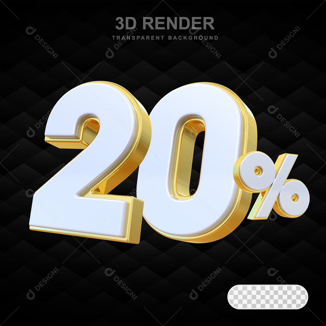Elemento 3D Número 20% Branco e Dourado Para Composição PSD