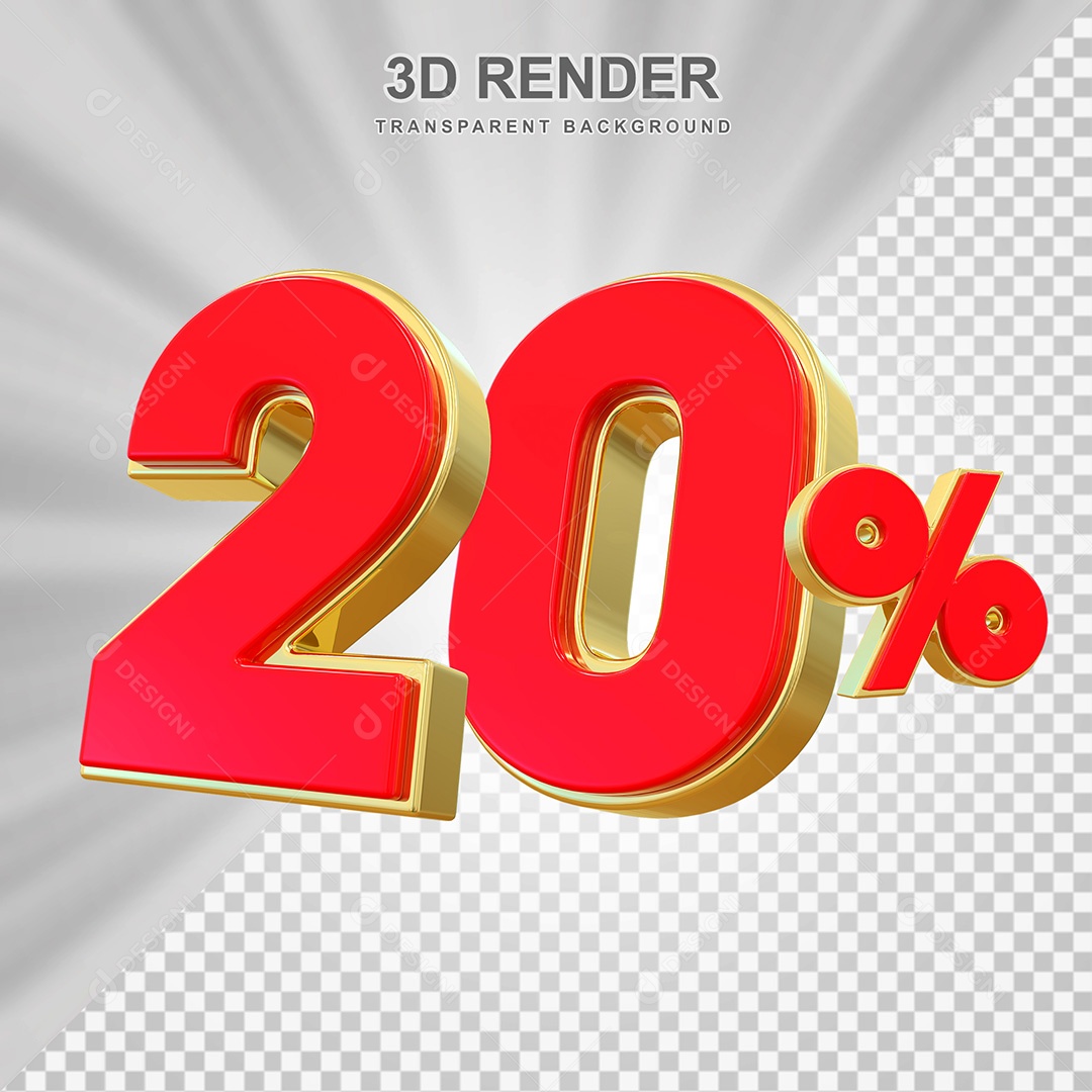 Elemento 3D Número 20% Vermelho e Dourado Para Composição PSD