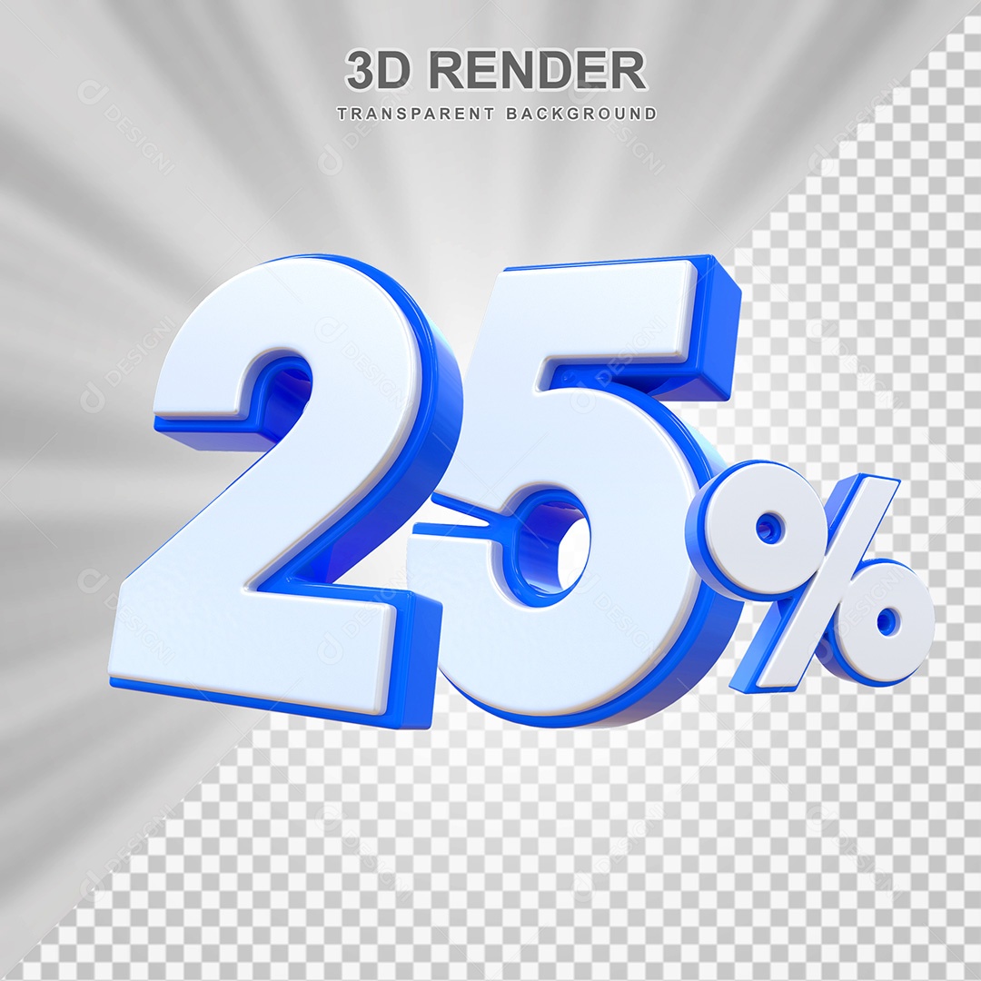 Elemento 3D Número 25% Branco e Azul Para Composição PSD