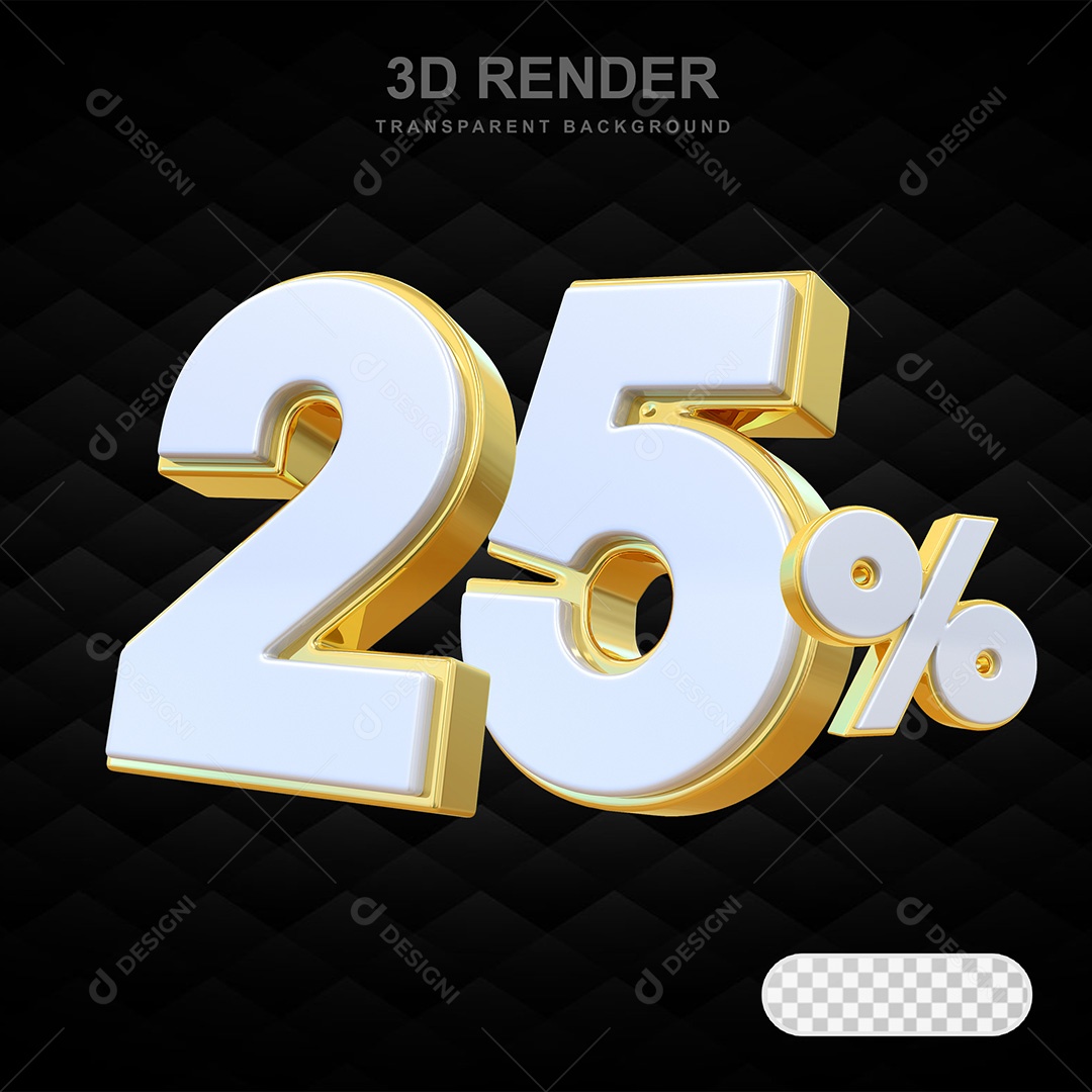 Elemento 3D Número 25% Branco e Dourado Para Composição PSD