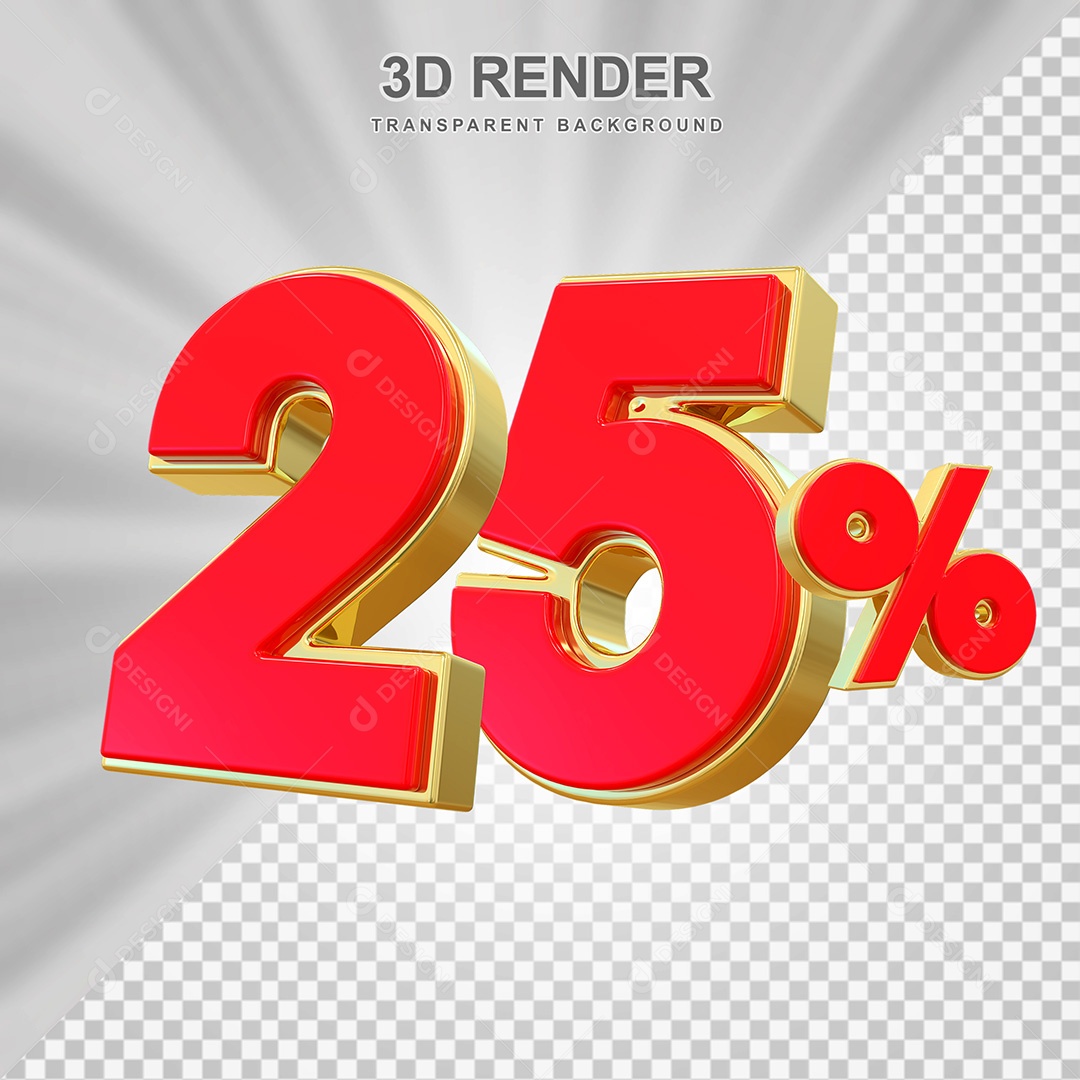 Elemento 3D Número 25% Vermelho e Dourado Para Composição PSD
