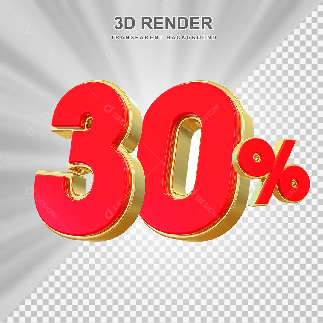 Elemento 3D Número 30% Vermelho e Dourado Para Composição PSD