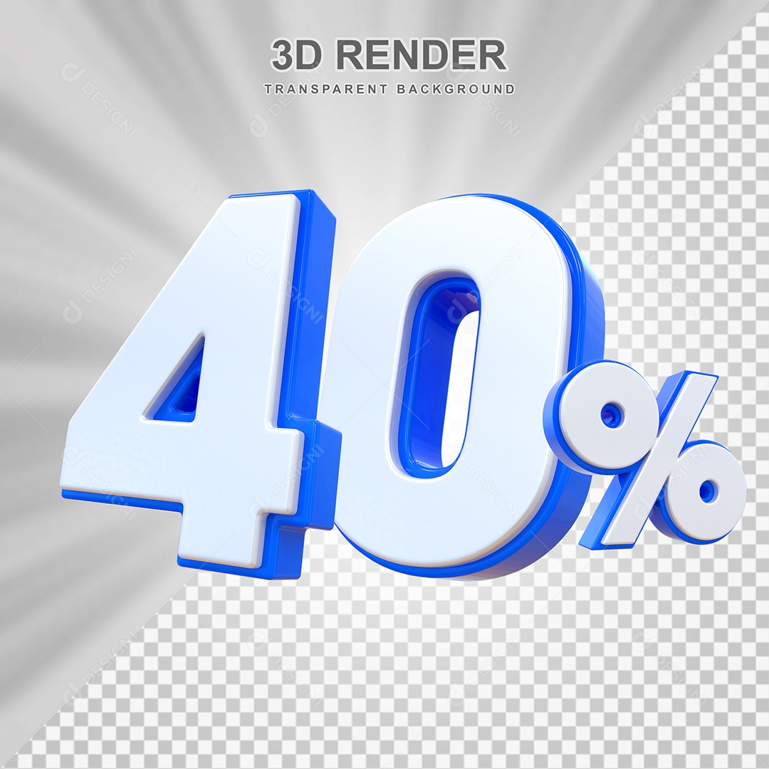 Elemento 3D Número 40% Branco e Azul Para Composição PSD