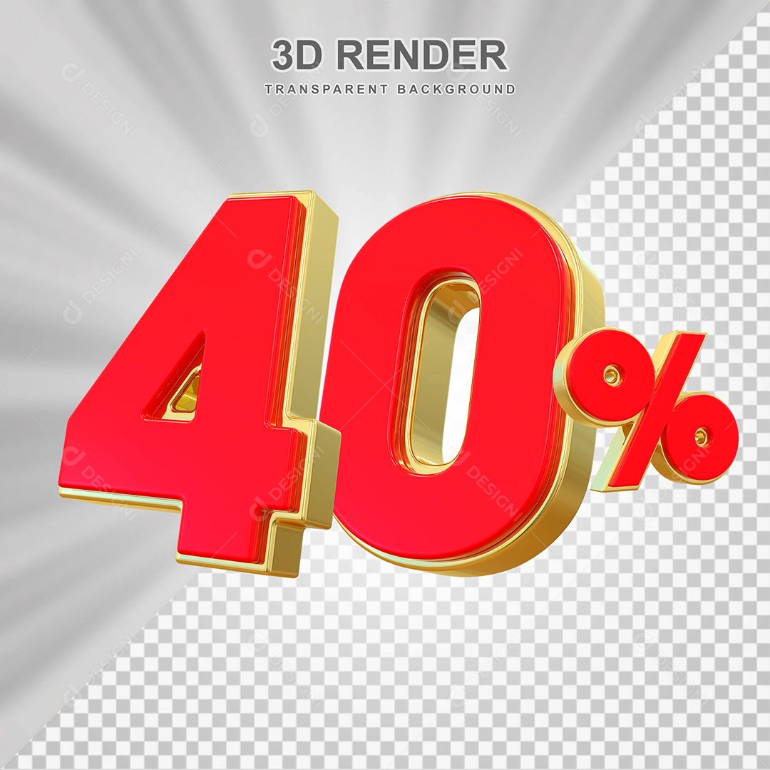 Elemento 3D Número 40% Vermelho e Dourado Para Composição PSD
