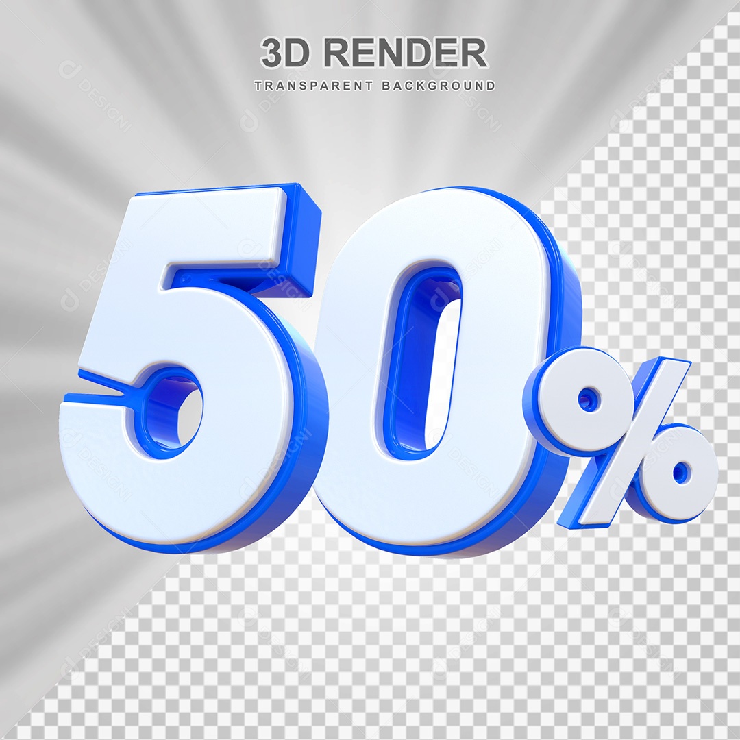 Elemento 3D Número 50% Branco e Azul Para Composição PSD