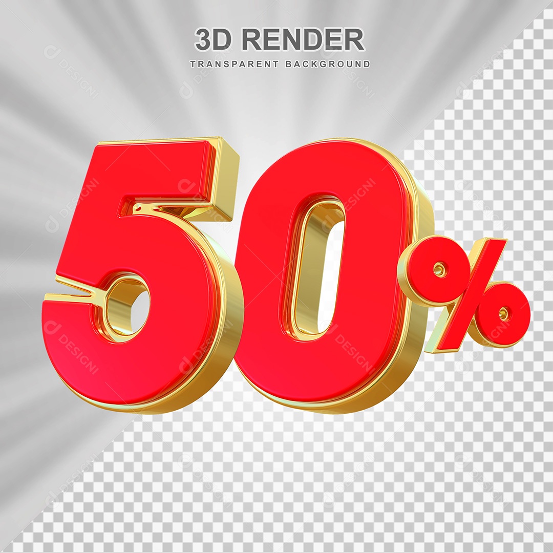 Elemento 3D Número 50% Vermelho e Dourado Para Composição PSD