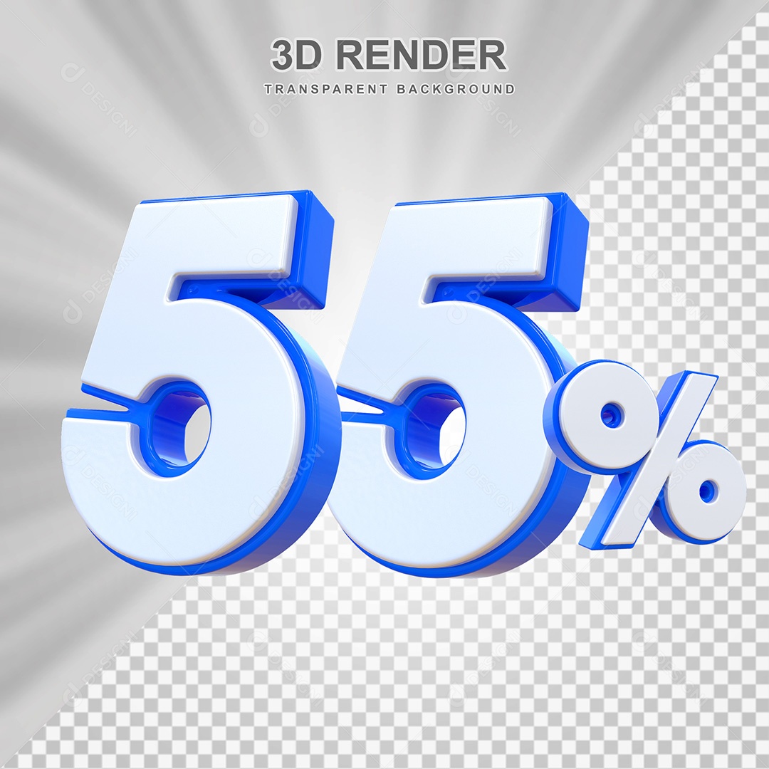 Elemento 3D Número 55% Branco e Azul Para Composição PSD