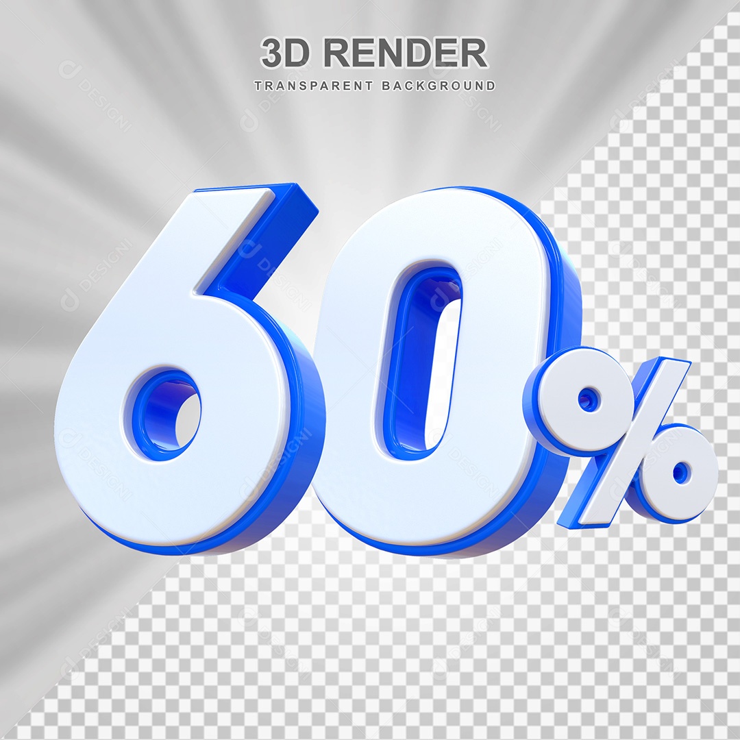 Elemento 3D Número 60% Branco e Azul Para Composição PSD