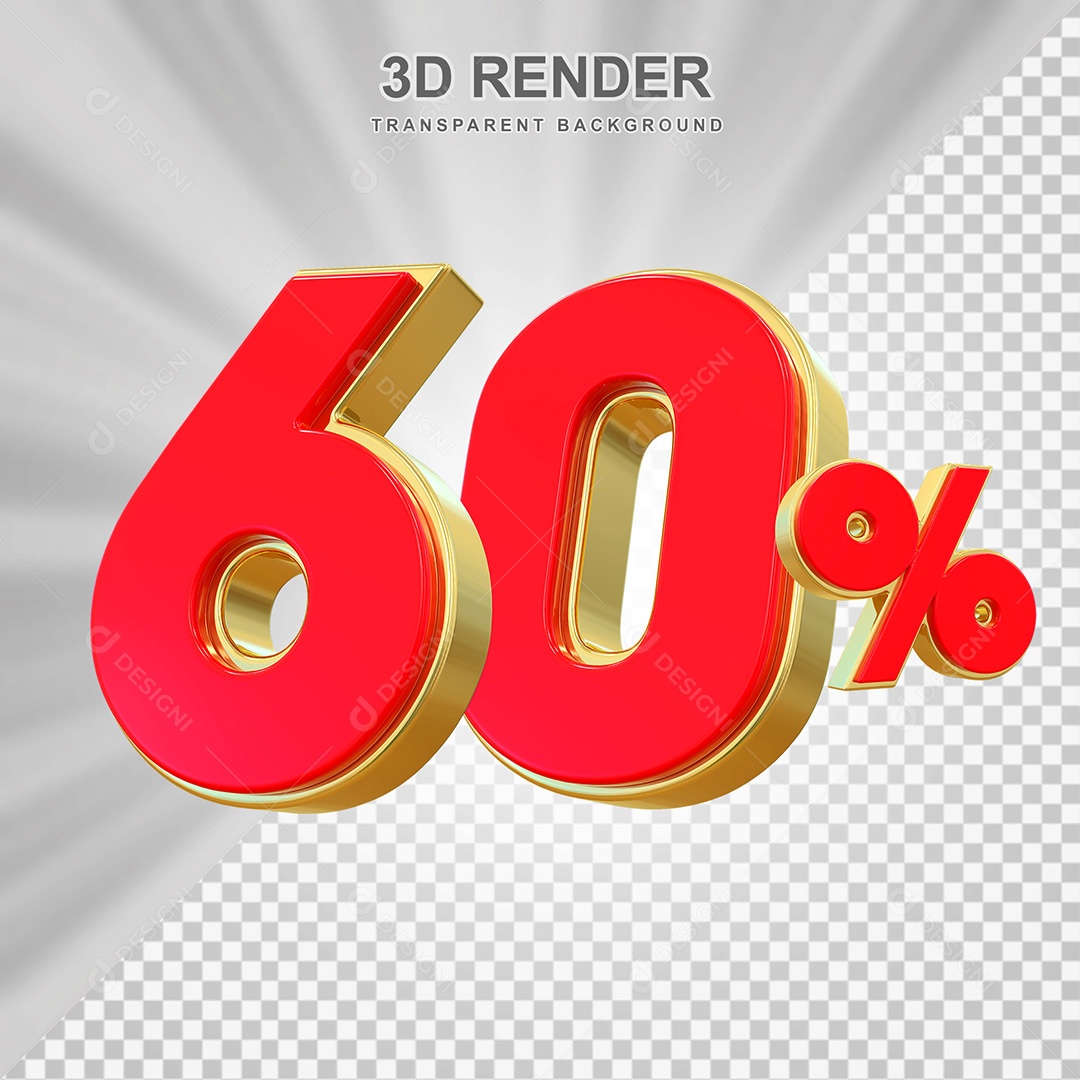 Elemento 3D Número 60% Vermelho e Dourado Para Composição PSD