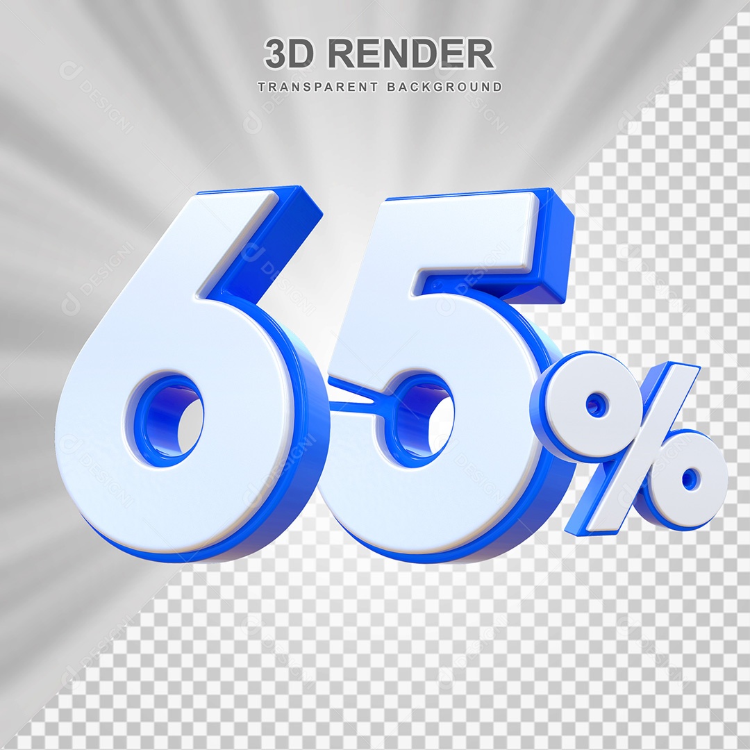 Elemento 3D Número 65% Branco e Azul Para Composição PSD