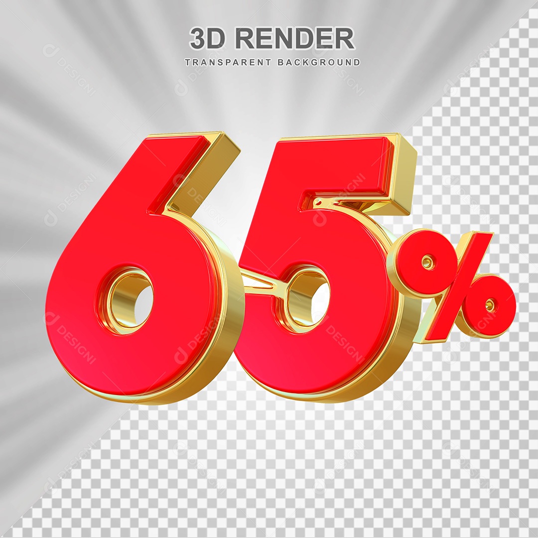 Elemento 3D Número 65% Vermelho e Dourado Para Composição PSD