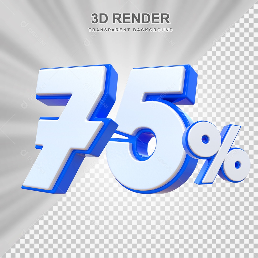 Elemento 3D Número 75% Branco e Azul Para Composição PSD