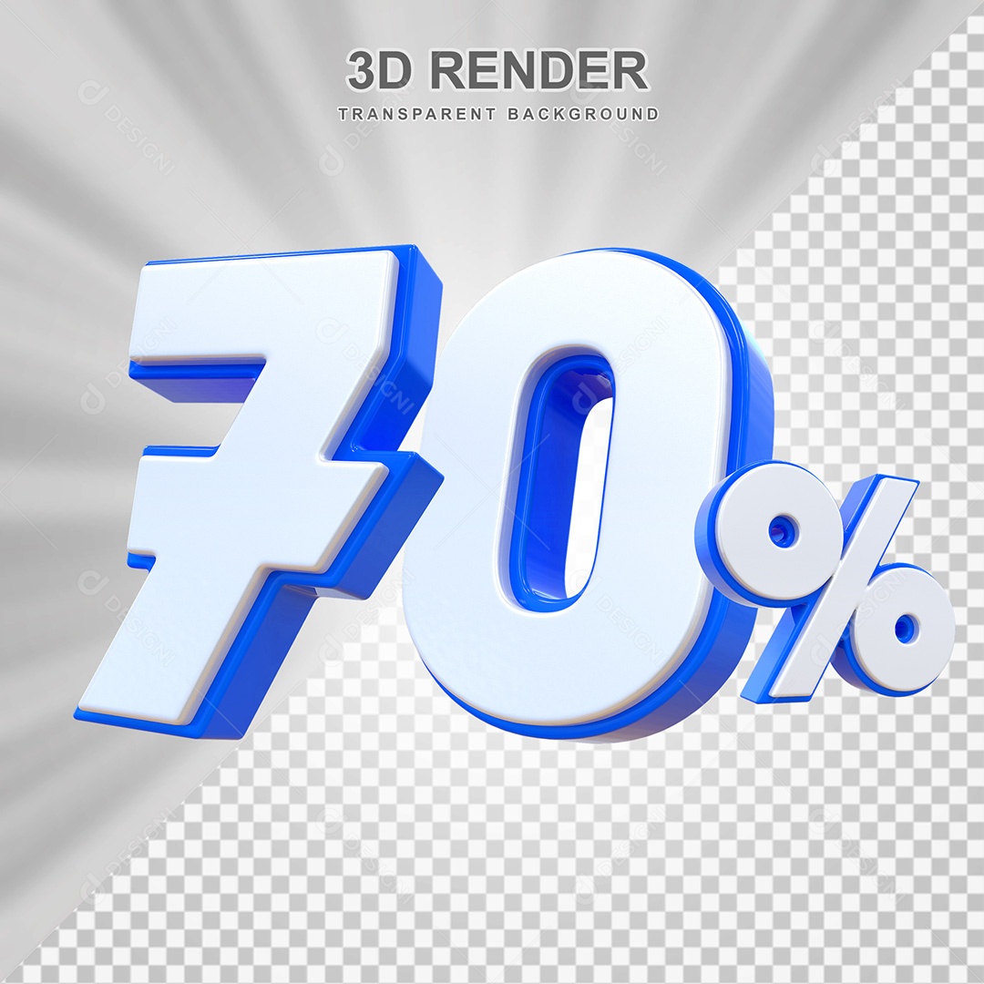 Elemento 3D Número 70% Branco e Azul Para Composição PSD