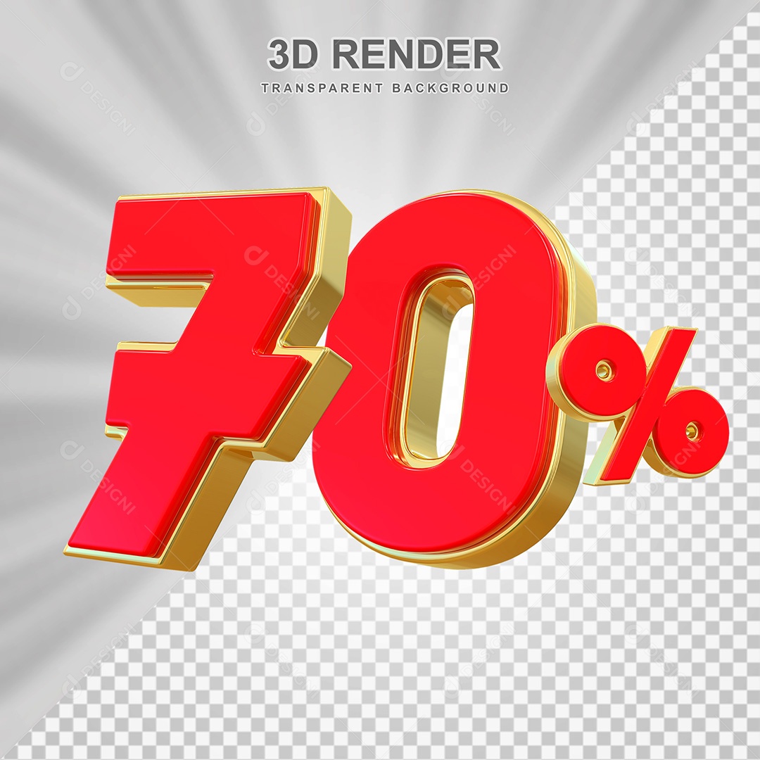 Elemento 3D Número 70% Vermelho e Dourado Para Composição PSD
