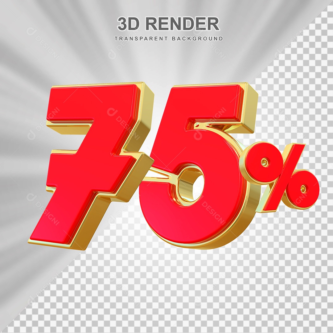 Elemento 3D Número 75% Vermelho e Dourado Para Composição PSD