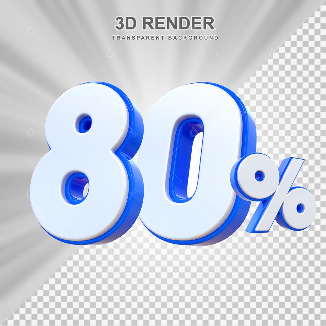 Elemento 3D Número 80% Branco e Azul Para Composição PSD